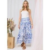 Izabel London Mosaic Print High Waist Tiered Maxi Skirt for Women UK with Maxi Length Hem and an a-line fit. Blue