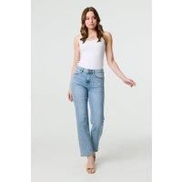 Izabel London Floral Pocket Patch Straight Fit Jeans Made from a Cotton Blend Denim for Women UK with Pockets. Blue