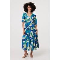 Abstract Ruched 3/4 Sleeve Midi Dress