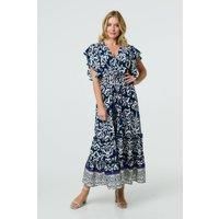 Izabel London Mosaic Print Ruffle Batwing Sleeve Maxi Dress for Women UK with a v-Neck, Made from 100% Viscose. Navy