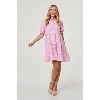 Izabel London Striped 1/2 Sleeve Short Shirt Dress for Women UK with a Collar, Tiers and a Relaxed fit. Pink