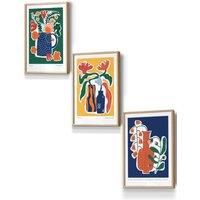 ARTZE Artisan Flower Market in Blue, Yellow & Green Framed Wall Art - Small in Light Oak | Size: W33 cm x H45 cm x D20mm