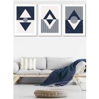 ARTZE Set of 3 White Framed Mid Century Geometric Navy Blue Diamonds Wall Art | Size: W33 cm x H45 cm x D20mm