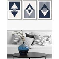 ARTZE Set of 3 Light Grey Framed Mid Century Geometric Navy Blue Diamonds Wall Art | Size: W33 cm x H45 cm x D20mm