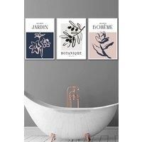 ARTZE Set of 3 White Framed Minimalist Sketch Leaves Flowers Blush Pink Navy Blue & Grey Wall Art | Size: W33 cm x H45 cm x D20mm