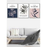 ARTZE Set of 3 Light Grey Framed Minimalist Sketch Leaves Flowers Blush Pink Navy Blue & Grey Wall Art | Size: W33 cm x H45 cm x D20mm