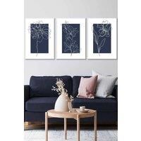 Set of 3 White Framed Line Art Sketch Flowers on Navy Blue Wall Art