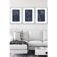 ARTZE Set of 3 Light Grey Framed Line Art Sketch Flowers on Navy Blue Wall Art | Size: W33 cm x H45 cm x D20mm