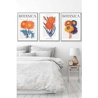 ARTZE Set of 3 Light Grey Framed Bright Orange & Blue Flower Market Wall Art | Size: W33 cm x H45 cm x D20mm