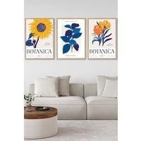 ARTZE Set of 3 Oak Framed Flower Market Sunflower Yellow Blue Wall Art in Bright Yellow | Size: W33 cm x H45 cm x D20mm