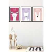 Scandi Nursery Forest Animals Pink Lilac Framed Wall Art - Medium