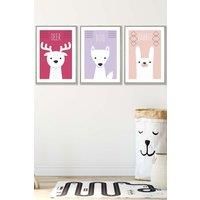 Scandi Nursery Forest Animals Pink Lilac Framed Wall Art - Medium