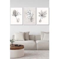 ARTZE Set of 3 White Framed Grey & Beige Botanical Sketch Leaves Wall Art in Light Beige | Size: W33 cm x H45 cm x D20mm