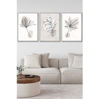 ARTZE Set of 3 Light Grey Framed Grey & Beige Botanical Sketch Leaves Wall Art in Light Beige | Size: W33 cm x H45 cm x D20mm