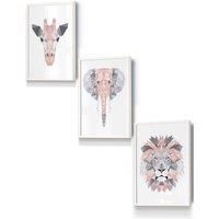 ARTZE Geometric Pink Grey Jungle Animal Heads Framed Wall Art - Small in White | Size: W33 cm x H45 cm x D20mm