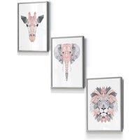 ARTZE Geometric Pink Grey Jungle Animal Heads Framed Wall Art - Small in Light Grey | Size: W33 cm x H45 cm x D20mm