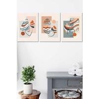 ARTZE Set of 3 White Framed Boho Modern Abstract in Blue & Orange Wall Art in Pale Orange | Size: W33 cm x H45 cm x D20mm