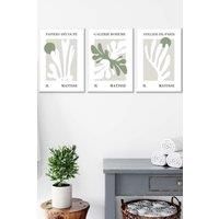 ARTZE Set of 3 White Framed Matisse Floral Cut Out Style in Green & Beige Wall Art in Light Green | Size: W33 cm x H45 cm x D20mm