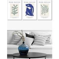 ARTZE Set of 3 White Framed Matisse Botanical Shapes with Nude in Green & Blue Wall Art in Light Green | Size: W33 cm x H45 cm x D20mm