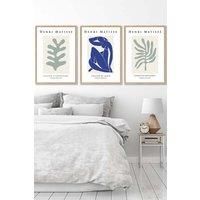 ARTZE Set of 3 Oak Framed Matisse Botanical Shapes with Nude in Green & Blue Wall Art in Light Green | Size: W33 cm x H45 cm x D20mm