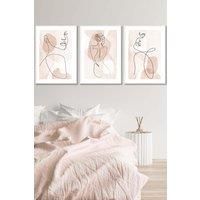 Set of 3 White Framed Coral Pink Abstract Line Art Female Wall Art
