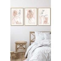 Set of 3 Oak Framed Coral Pink Abstract Line Art Female Wall Art