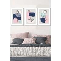 ARTZE Set of 3 White Framed Line Art Spring Flowers on Navy Pink Boho Shapes Wall Art | Size: W33 cm x H45 cm x D20mm