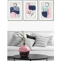 ARTZE Set of 3 Light Grey Framed Line Art Spring Flowers on Navy Pink Boho Shapes Wall Art | Size: W33 cm x H45 cm x D20mm
