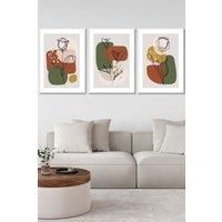 Set of 3 White Framed Line Art Autumn Flowers on Green Yellow Boho Shapes Wall Art