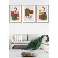 Set of 3 Oak Framed Line Art Autumn Flowers on Green Yellow Boho Shapes Wall Art