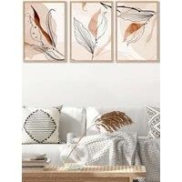 ARTZE Set of 3 Oak Framed Graphical Line Art Autumn Leaves Wall Art in Pale Orange | Size: W33 cm x H45 cm x D20mm