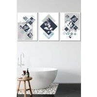 ARTZE Set of 3 White Framed Graphical Abstract Floral Navy Blue Grey Wall Art | Size: W33 cm x H45 cm x D20mm