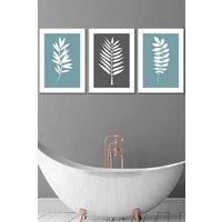 ARTZE Set of 3 White Framed Blue Grey Graphical Leaves Wall Art in Duck Egg Blue | Size: W33 cm x H45 cm x D20mm