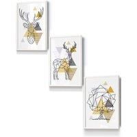 ARTZE Geometric Line Art Yellow Stags Tree Set Framed Wall Art - Small in White | Size: W33 cm x H45 cm x D20mm