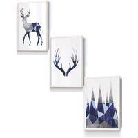 ARTZE Geometric Navy Blue Grey Stags Set Framed Wall Art - Small in White | Size: W33 cm x H45 cm x D20mm