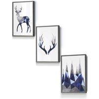 ARTZE Geometric Navy Blue Grey Stags Set Framed Wall Art - Small in Dark Grey | Size: W33 cm x H45 cm x D20mm