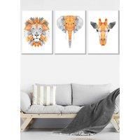 ARTZE Set of 3 White Framed Geometric Orange Grey Jungle Animal Heads Wall Art | Size: W33 cm x H45 cm x D20mm