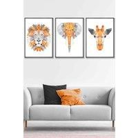ARTZE Set of 3 Dark Grey Framed Geometric Orange Grey Jungle Animal Heads Wall Art | Size: W33 cm x H45 cm x D20mm