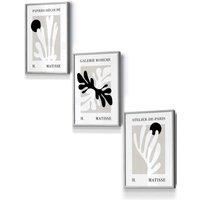 ARTZE Set of 3 Light Grey Framed Matisse Floral Cut Out Style in Black & Beige Wall Art | Size: W33 cm x H45 cm x D20mm