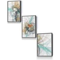 Set of 3 Dark Grey Framed Abstract Aqua Grey Mixed Media Fractal Wall Art