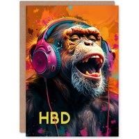 Artery8 Birthday Card Happy Chimp Funky Music Headphones HBD For Him Man Male Dad Brother Son Papa Grandad Greeting Card