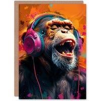 Artery8 Birthday Card Happy Chimp with Headphones Funky Music For Him Dad Brother Son Papa Grandad Greeting Card