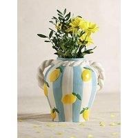 Hestia Lemon Vase With Lemon and Rope Effect Handle with Blue Stripes – Ceramic Mediterranean-Style Vase for Fresh or Faux Flowers, Whimsical Spring/Summer Home Décor - H: 19cm x W: 16cm.