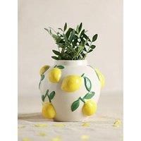 Hestia Lemon Vase With Embossed Lemons – Ceramic Mediterranean-Style Vase for Fresh or Faux Flowers, Whimsical Spring Summer Home Décor - H: 12cm x W: 12cm.