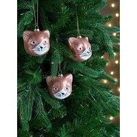 Set Of 3 Glass Hanging Christmas Tree Ornaments - Cat