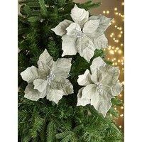 Set Of 4 Silver Clip On Christmas Tree Flowers