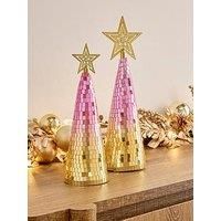 Set Of 2 Pink/Gold Disco Ball Christmas Tree Ornament - 26/29 Cm