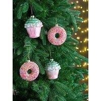 Set Of 4 Novelty Glass Christmas Tree Decorations - Cupcake & Sprinkles Donut