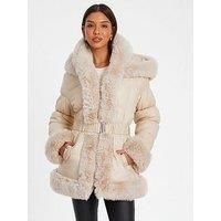 Stone Padded Faux Fur Trim Jacket