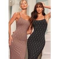 Dark Brown Rhinestone Square Neck Maxi Dress